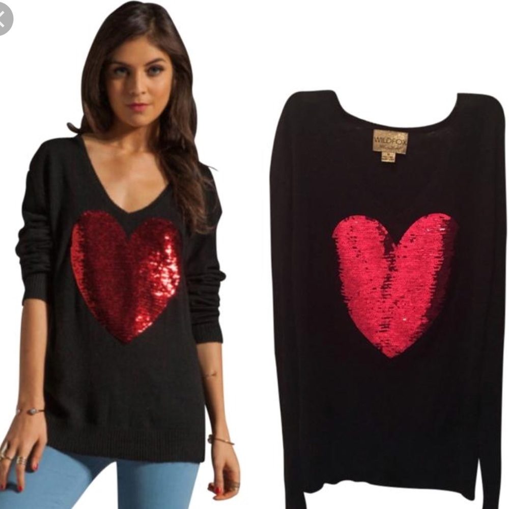 Wildfox White Label Black Red Sequin Heart Sweater